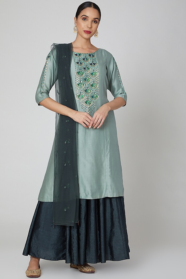 Grey & Green Embroidered Skirt Set by Kudi Pataka Designs