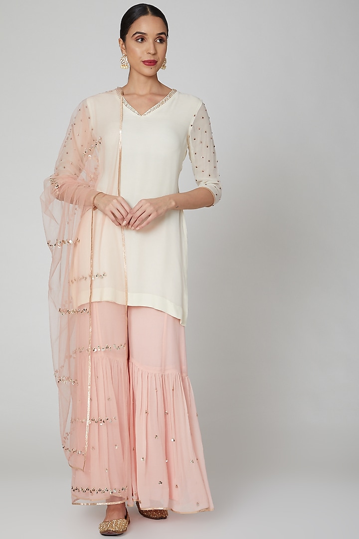 White & Blush Pink Embroidered Sharara Set by Kudi Pataka Designs