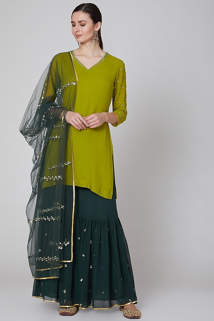 Emerald Green Viscose Georgette Sequins Embroidered Sharara Set by Kudi Pataka Designs