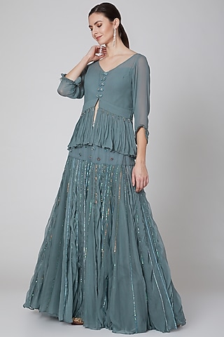 Grey Embroidered Skirt Set by Kudi Pataka Designs