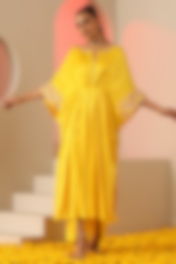 Yellow Gajji Silk Zardosi Embroidered Kaftan Set For Girls by Mini Pataka by Kudi Pataka Designs  at Pernia's Pop Up Shop