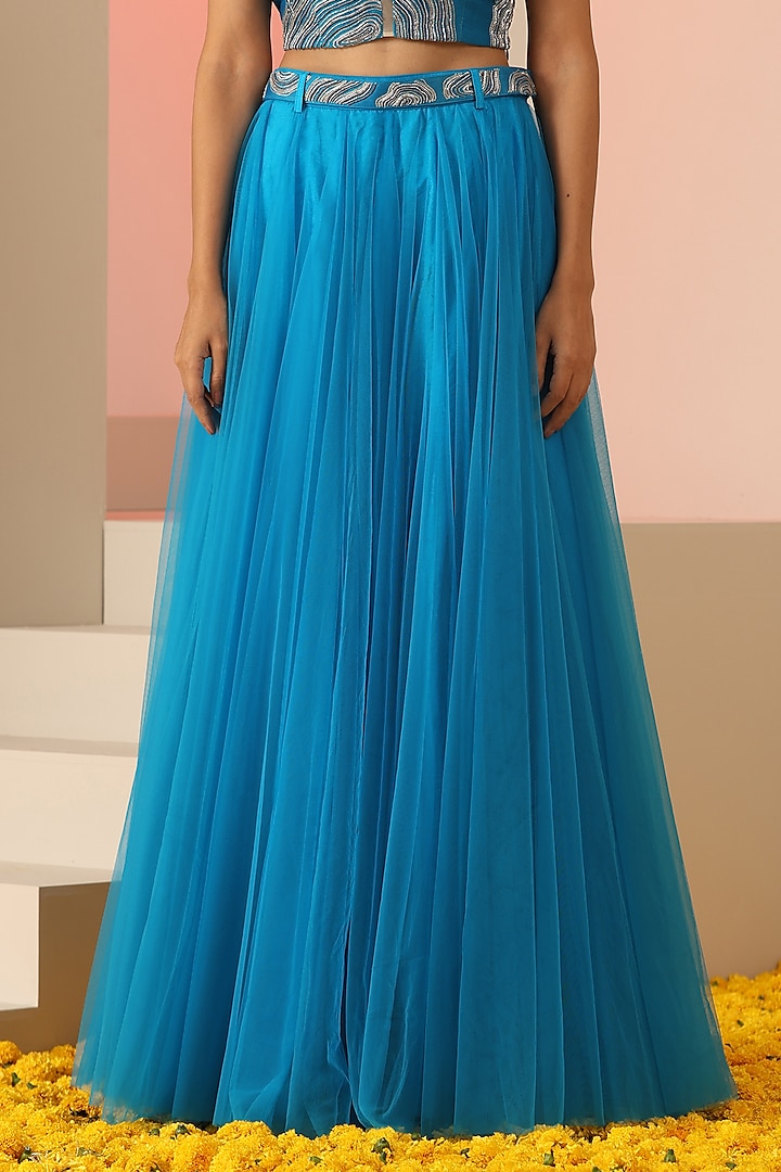 Blue Net Skirt Set For Girls by Mini Pataka by Kudi Pataka Designs