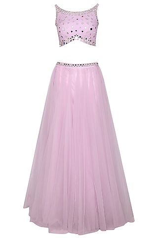 Lilac Net Embroidered Lehenga Set For Girls by Mini Pataka by Kudi Pataka Designs 