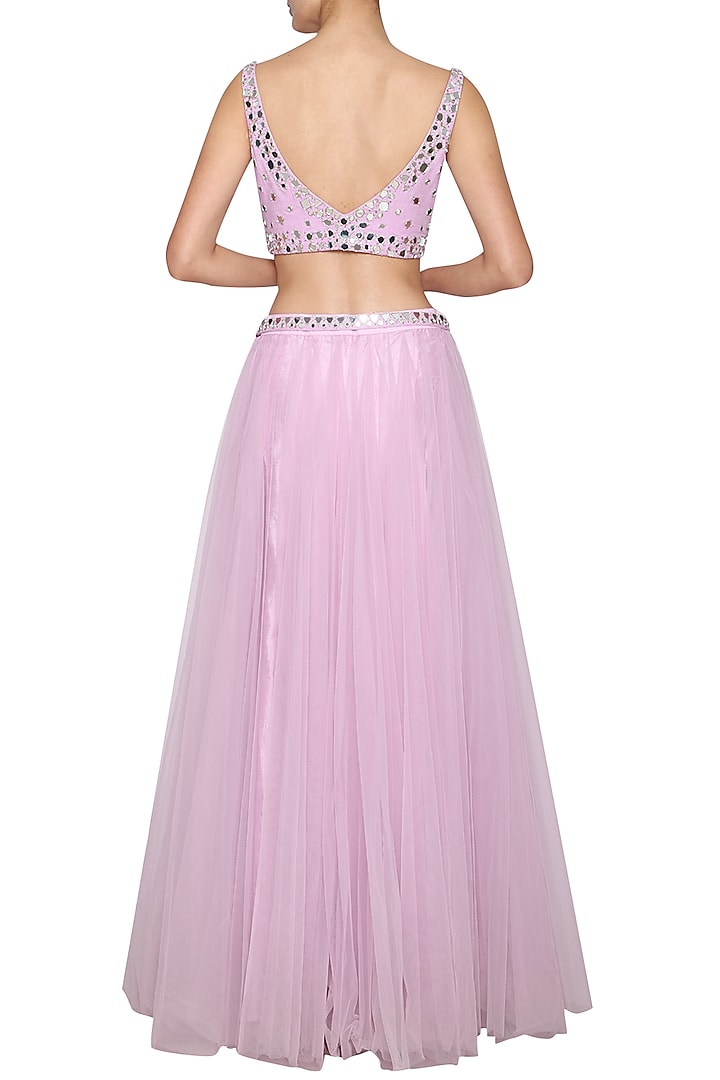 Lilac Net Embroidered Lehenga Set For Girls by Mini Pataka by Kudi Pataka Designs  at Pernia's Pop Up Shop