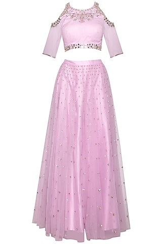 Lilac Net Embroidered Lehenga Set For Girls by Mini Pataka by Kudi Pataka Designs 