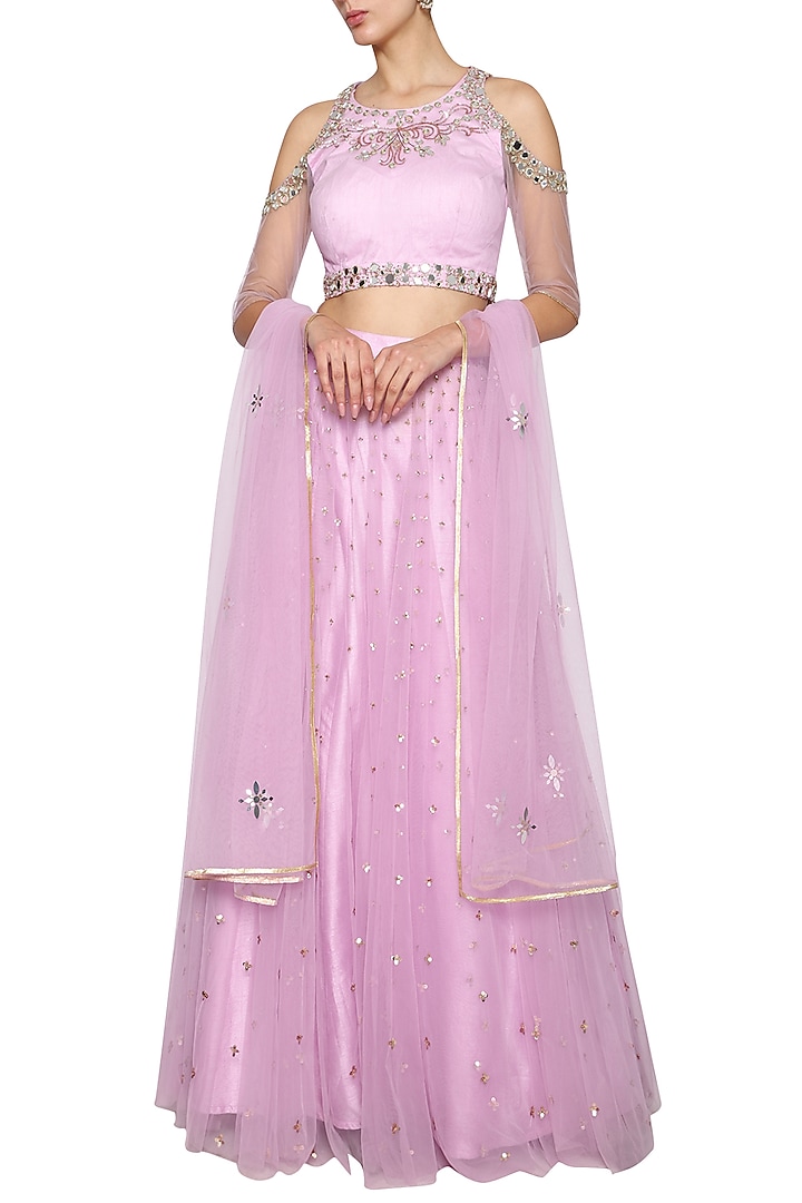 Lilac Net Embroidered Lehenga Set For Girls by Mini Pataka by Kudi Pataka Designs at Pernia's Pop Up Shop