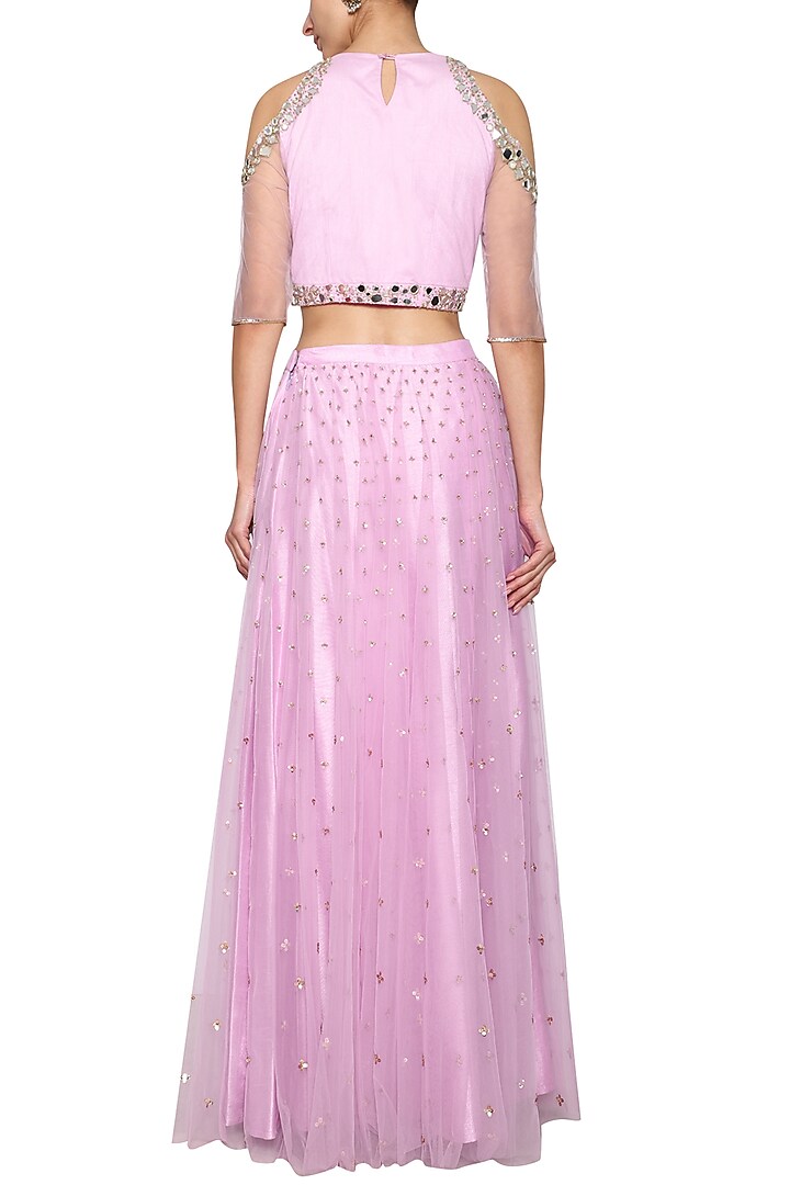 Lilac Net Embroidered Lehenga Set For Girls by Mini Pataka by Kudi Pataka Designs at Pernia's Pop Up Shop