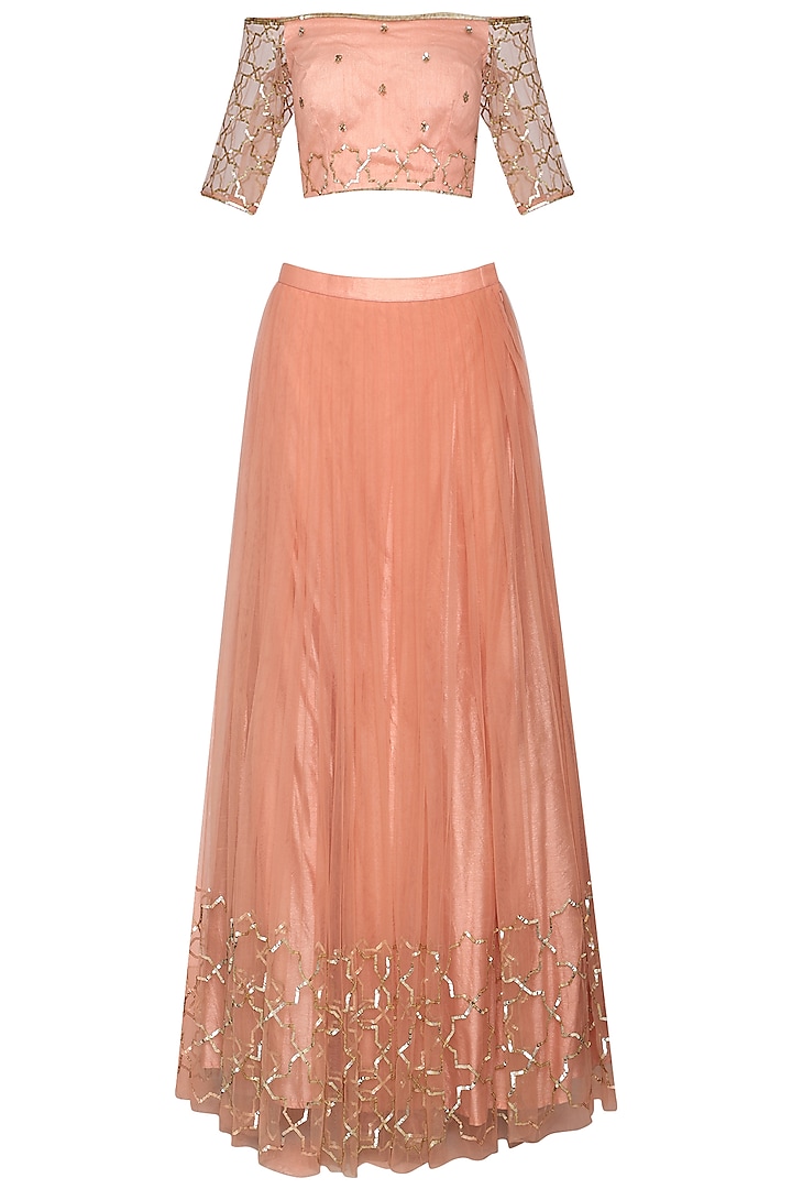 Blush Peach Net Embroidered Lehenga Set For Girls by Mini Pataka by Kudi Pataka Designs  at Pernia's Pop Up Shop