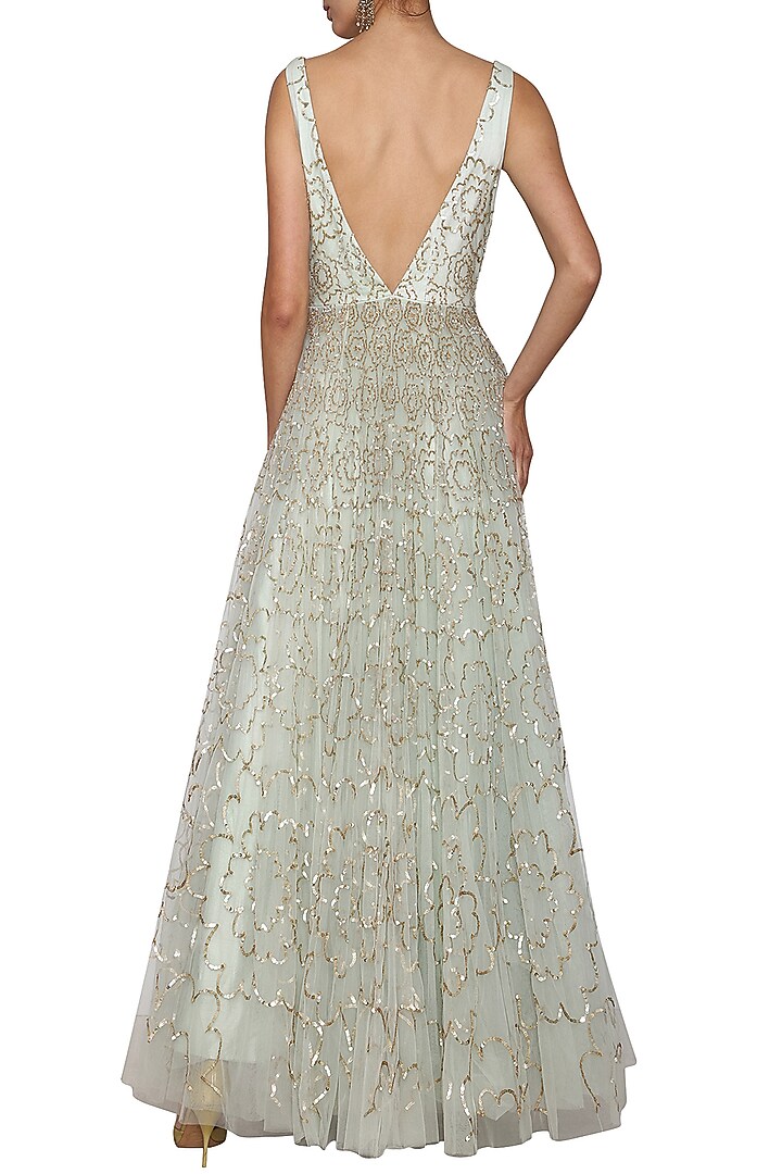 Sea Green Net Embroidered Gown For Girls by Mini Pataka by Kudi Pataka Designs at Pernia's Pop Up Shop