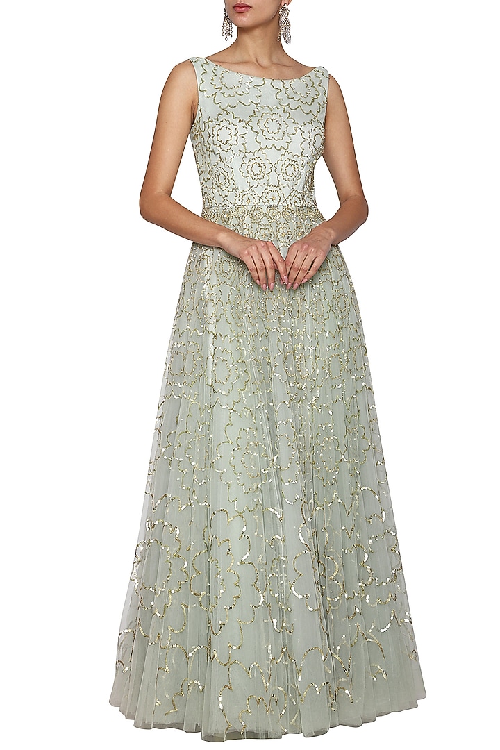 Sea Green Net Embroidered Gown For Girls by Mini Pataka by Kudi Pataka Designs at Pernia's Pop Up Shop