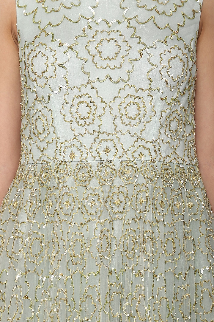 Sea Green Net Embroidered Gown For Girls by Mini Pataka by Kudi Pataka Designs at Pernia's Pop Up Shop