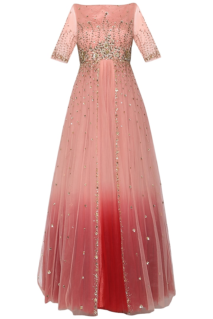 Peachish Pink Net Embroidered Gown For Girls by Mini Pataka by Kudi Pataka Designs  at Pernia's Pop Up Shop