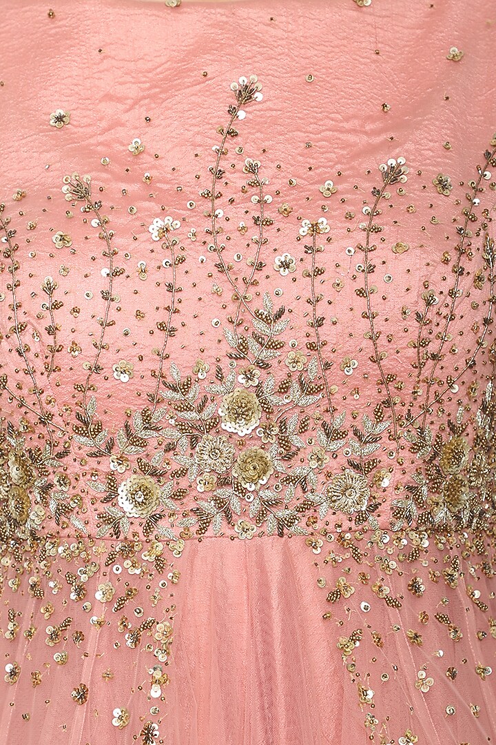 Peachish Pink Net Embroidered Gown For Girls by Mini Pataka by Kudi Pataka Designs  at Pernia's Pop Up Shop