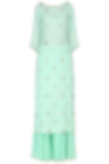 Turquoise Rayon Embroidered Kurta Set For Girls by Mini Pataka by Kudi Pataka Designs  at Pernia's Pop Up Shop