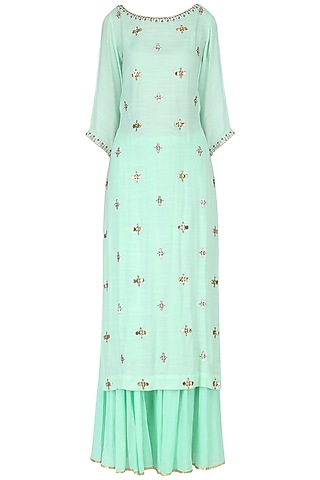 Turquoise Rayon Embroidered Kurta Set For Girls by Mini Pataka by Kudi Pataka Designs 