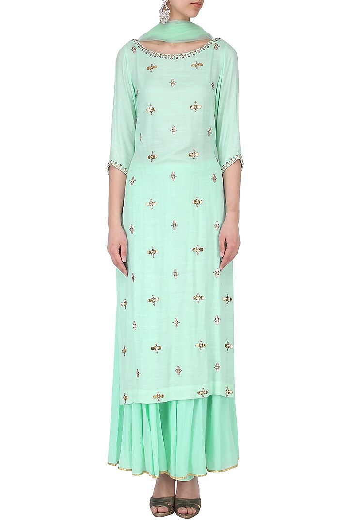 Turquoise Rayon Embroidered Kurta Set For Girls by Mini Pataka by Kudi Pataka Designs at Pernia's Pop Up Shop
