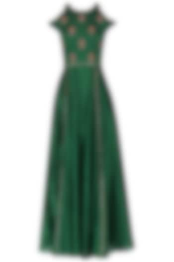 Dark Green Embroidered Cold Shoulder Maxi Gown For Girls by Mini Pataka by Kudi Pataka Designs  at Pernia's Pop Up Shop