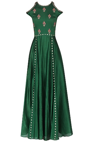 Dark Green Embroidered Cold Shoulder Maxi Gown For Girls by Mini Pataka by Kudi Pataka Designs 
