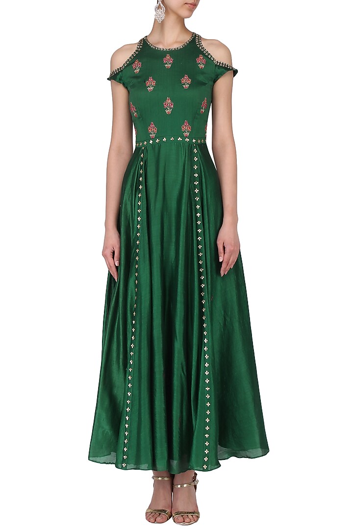 Dark Green Embroidered Cold Shoulder Maxi Gown For Girls by Mini Pataka by Kudi Pataka Designs at Pernia's Pop Up Shop