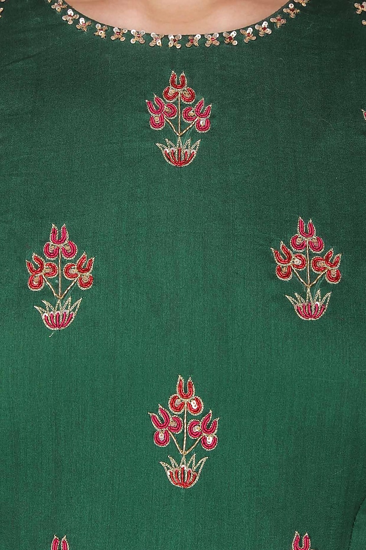 Dark Green Embroidered Cold Shoulder Maxi Gown For Girls by Mini Pataka by Kudi Pataka Designs at Pernia's Pop Up Shop