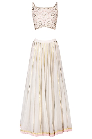 Ivory Handwoven Chanderi Gota Work Lehenga Set For Girls by Mini Pataka by Kudi Pataka Designs 