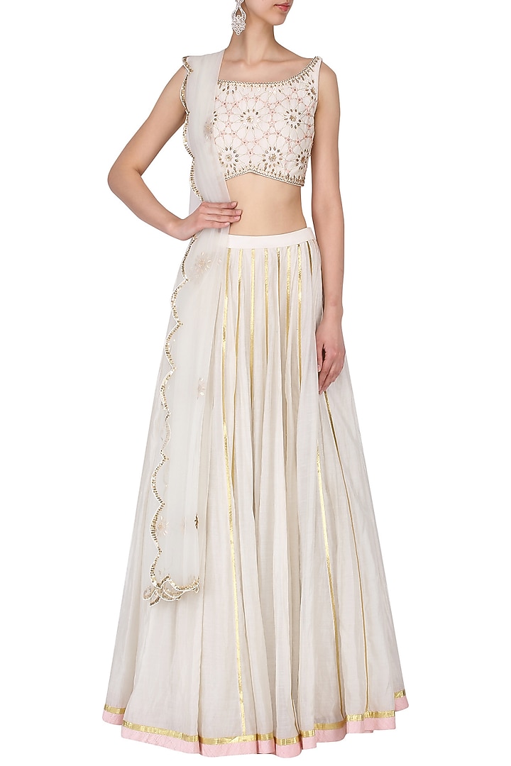 Ivory Handwoven Chanderi Gota Work Lehenga Set For Girls by Mini Pataka by Kudi Pataka Designs  at Pernia's Pop Up Shop