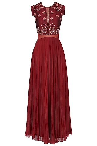 Maroon Cupro Silk & Bemberg Chiffon Embroidered Gown For Girls by Mini Pataka by Kudi Pataka Designs 