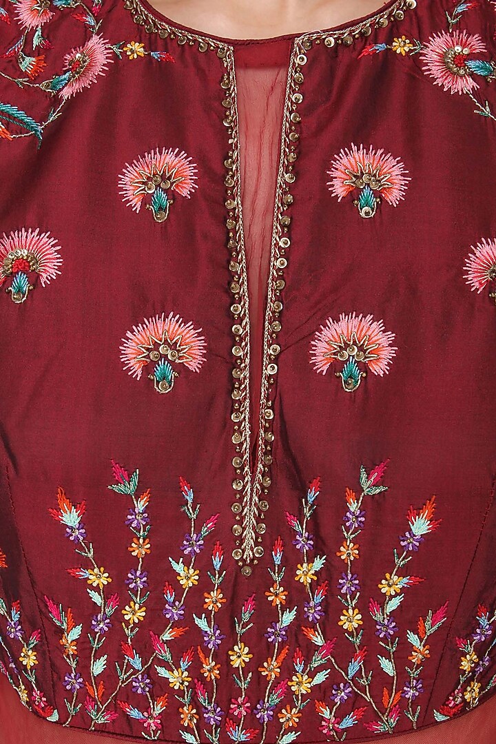 Maroon Cupro Silk & Bemberg Chiffon Embroidered Gown For Girls by Mini Pataka by Kudi Pataka Designs  at Pernia's Pop Up Shop