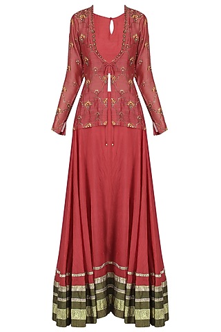 Earthy Rust Chanderi Gota Work Lehenga Set For Girls by Mini Pataka by Kudi Pataka Designs 
