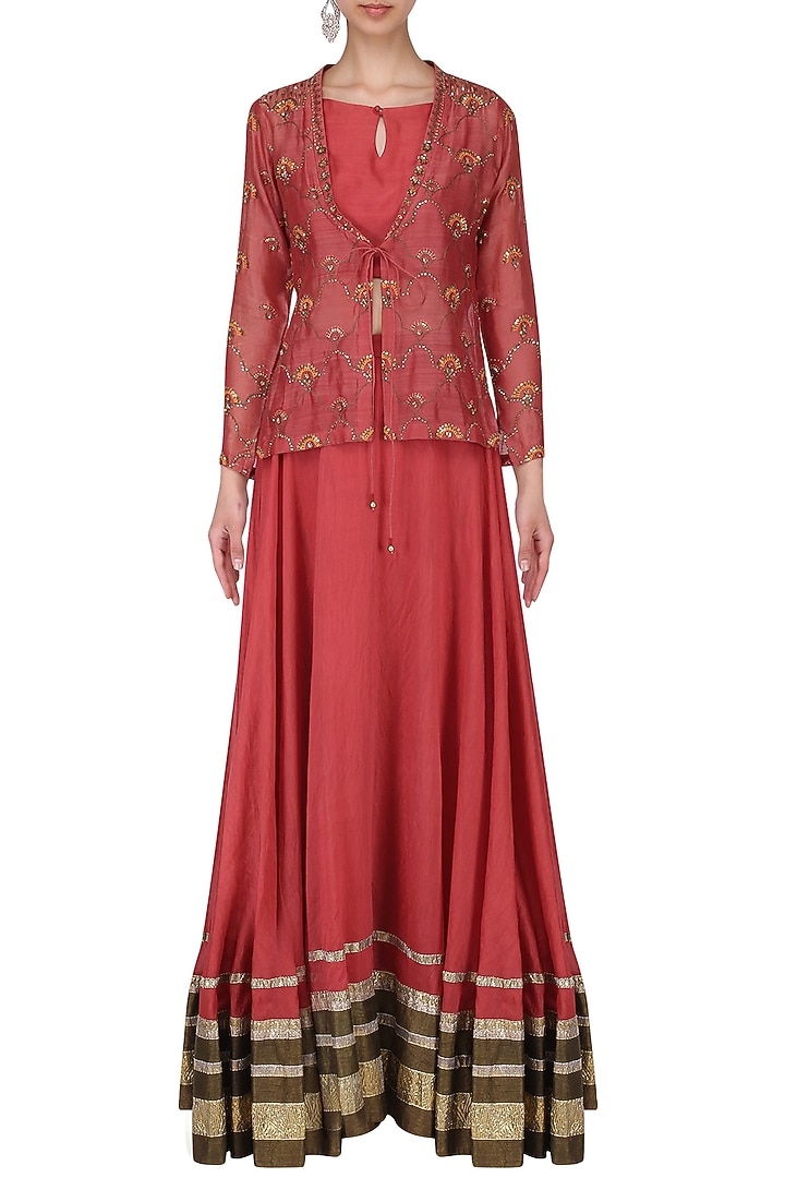 Earthy Rust Chanderi Gota Work Lehenga Set For Girls by Mini Pataka by Kudi Pataka Designs at Pernia's Pop Up Shop