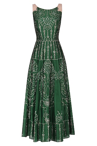 Dark Green Handwoven Chanderi Pitta Embroidered Gown For Girls by Mini Pataka by Kudi Pataka Designs 