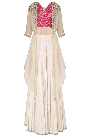 Ivory Cotton Jacquard Skirt Set For Girls by Mini Pataka by Kudi Pataka Designs 