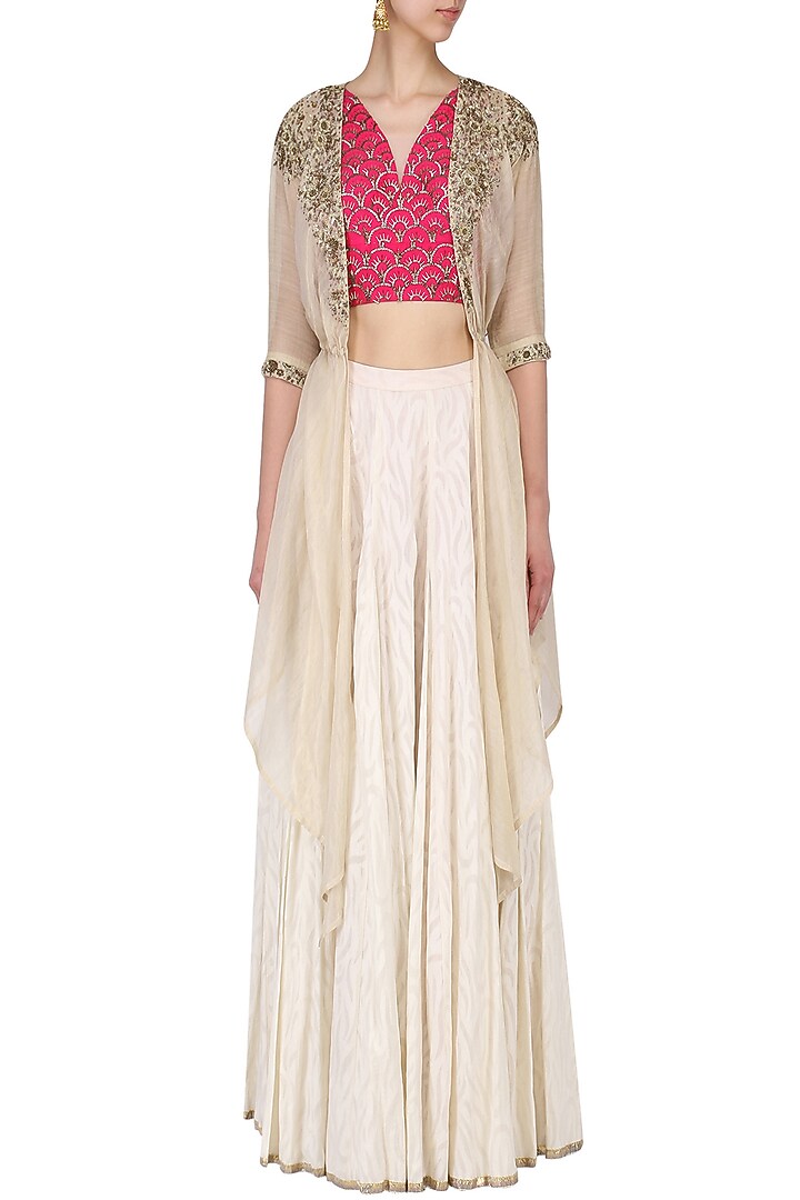 Ivory Cotton Jacquard Skirt Set For Girls by Mini Pataka by Kudi Pataka Designs  at Pernia's Pop Up Shop