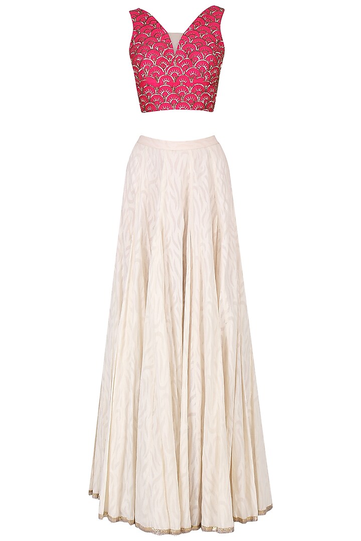 Ivory Cotton Jacquard Skirt Set For Girls by Mini Pataka by Kudi Pataka Designs  at Pernia's Pop Up Shop