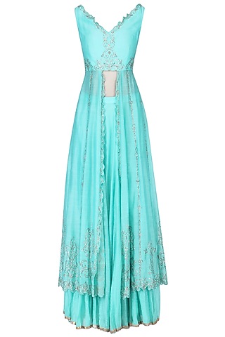 Turquoise Blue Handwoven Chanderi Skirt Set For Girls by Mini Pataka by Kudi Pataka Designs 