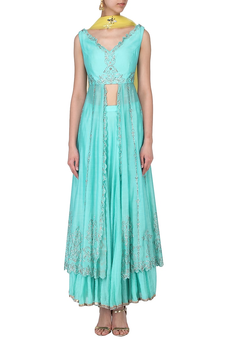 Turquoise Blue Handwoven Chanderi Skirt Set For Girls by Mini Pataka by Kudi Pataka Designs  at Pernia's Pop Up Shop