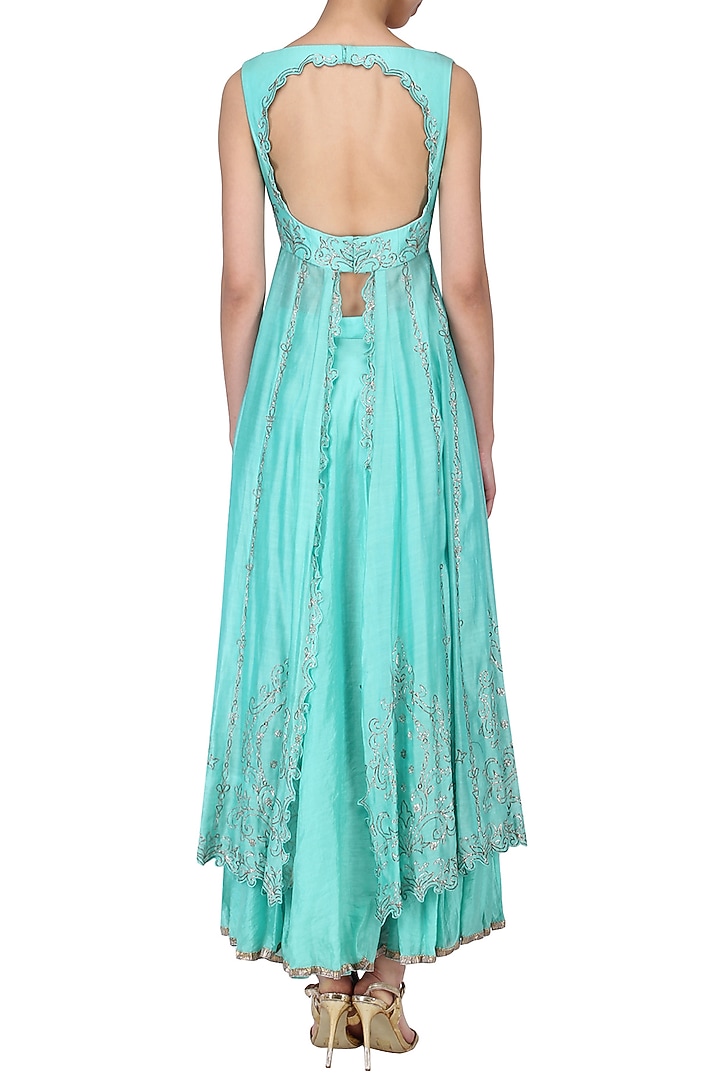 Turquoise Blue Handwoven Chanderi Skirt Set For Girls by Mini Pataka by Kudi Pataka Designs  at Pernia's Pop Up Shop
