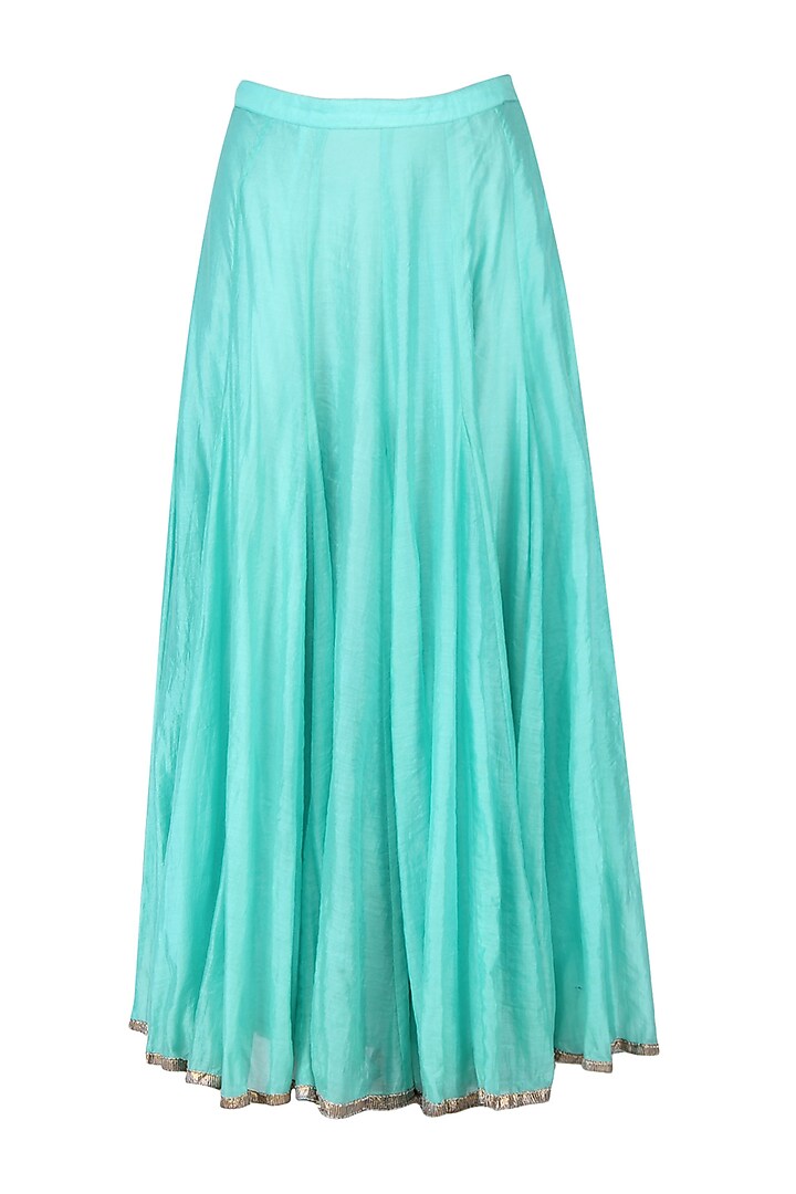 Turquoise Blue Handwoven Chanderi Skirt Set For Girls by Mini Pataka by Kudi Pataka Designs  at Pernia's Pop Up Shop