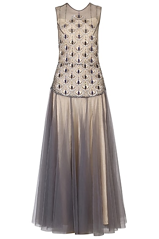 Grey Net Sequin Hand Embroidered Gown For Girls by Mini Pataka by Kudi Pataka Designs 