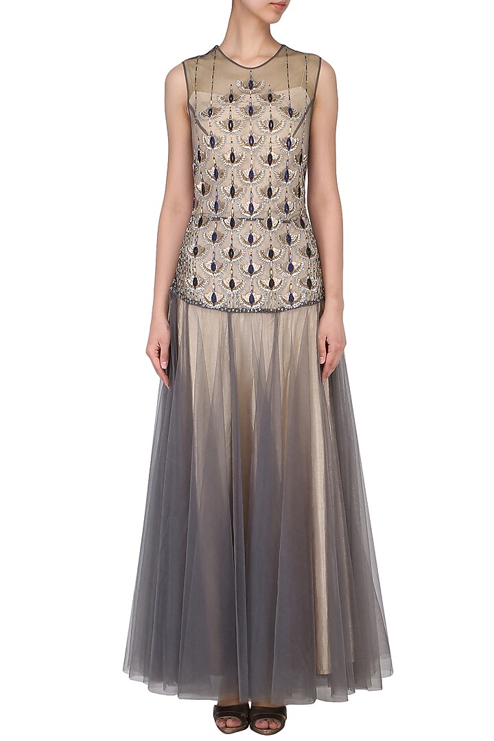 Grey Net Sequin Hand Embroidered Gown For Girls by Mini Pataka by Kudi Pataka Designs at Pernia's Pop Up Shop