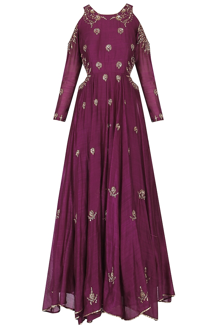 Wine Handwoven Chanderi Sequins Embroidered Gown For Girls by Mini Pataka by Kudi Pataka Designs  at Pernia's Pop Up Shop