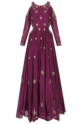 Wine Handwoven Chanderi Sequins Embroidered Gown For Girls by Mini Pataka by Kudi Pataka Designs 
