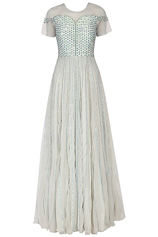 Light Greenish Chiffon Hand Embroidered Layered Gown For Girls by Mini Pataka by Kudi Pataka Designs 