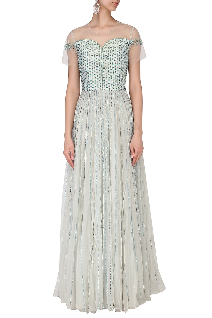 Light Greenish Chiffon Hand Embroidered Layered Gown For Girls by Mini Pataka by Kudi Pataka Designs at Pernia's Pop Up Shop