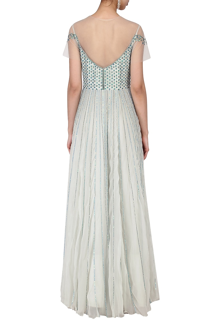 Light Greenish Chiffon Hand Embroidered Layered Gown For Girls by Mini Pataka by Kudi Pataka Designs at Pernia's Pop Up Shop