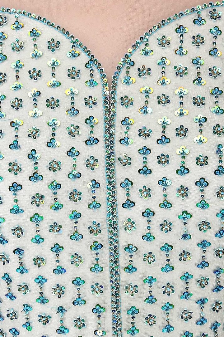 Light Greenish Chiffon Hand Embroidered Layered Gown For Girls by Mini Pataka by Kudi Pataka Designs at Pernia's Pop Up Shop