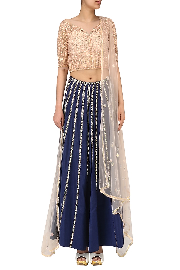 Nude Peach Handwoven Chanderi Hand Embroidered Skirt Set For Girls by Mini Pataka by Kudi Pataka Designs  at Pernia's Pop Up Shop