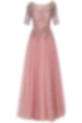 Dusty Pink Net Hand Embroidered Layered Gown For Girls by Mini Pataka by Kudi Pataka Designs  at Pernia's Pop Up Shop