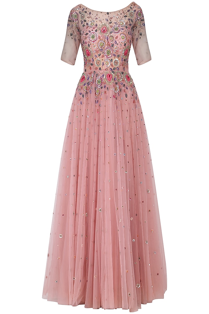 Dusty Pink Net Hand Embroidered Layered Gown For Girls by Mini Pataka by Kudi Pataka Designs  at Pernia's Pop Up Shop