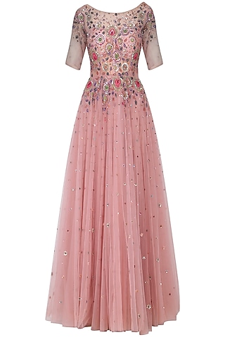Dusty Pink Net Hand Embroidered Layered Gown For Girls by Mini Pataka by Kudi Pataka Designs 